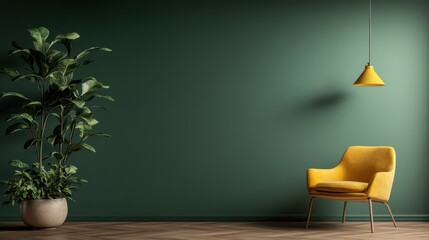 A contemporary minimalist room design featuring a vibrant yellow chair, lush green plant in a rounded pot, and green walls with a pendant light.