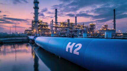 Industrial facility with hydrogen storage tanks at dusk.