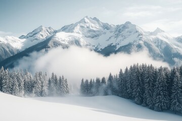 Snow-covered pine forest with low-hanging clouds and majestic snow-capped mountain peaks in the background, creating a serene and picturesque winter scene