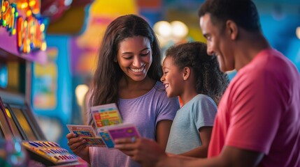 Obraz premium family holding theme park tickets at a vibrant entrance gate
