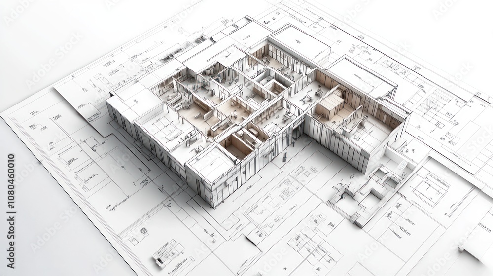 Poster architectural blueprint with a 3d model of a building layout.