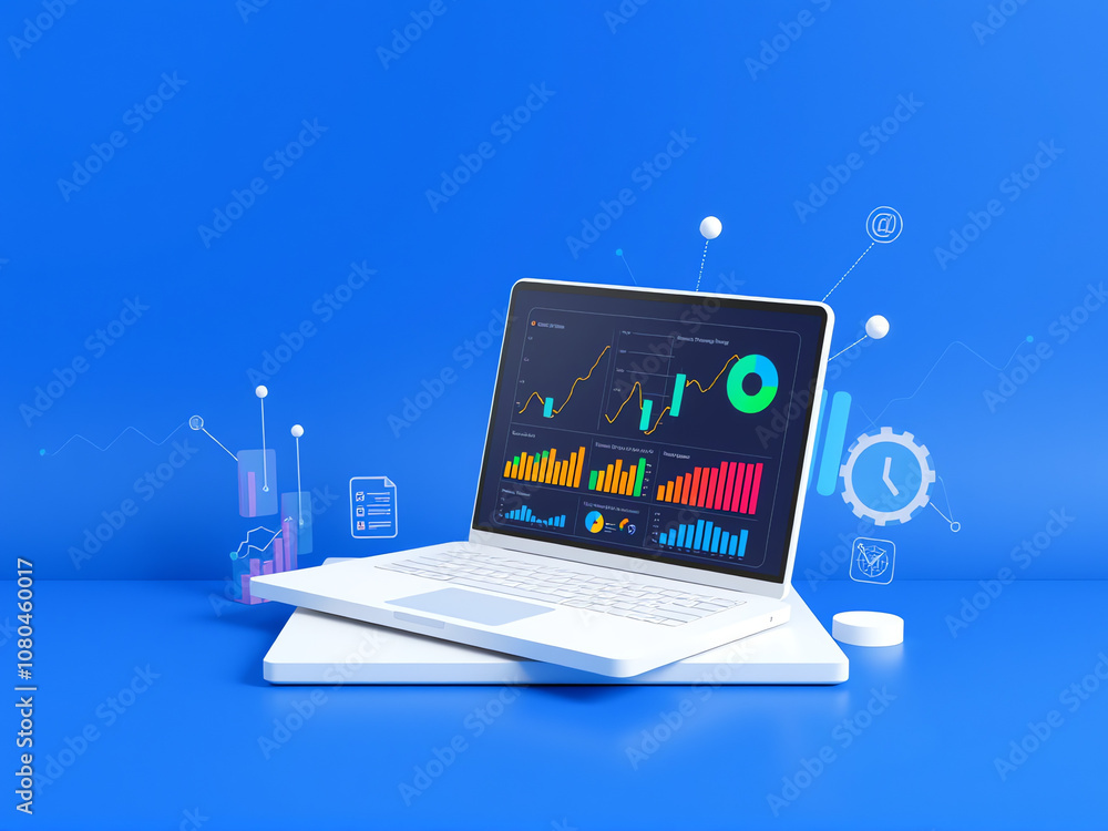 Poster laptop displaying vibrant analytics and graphs against a blue background, symbolizing data analysis 