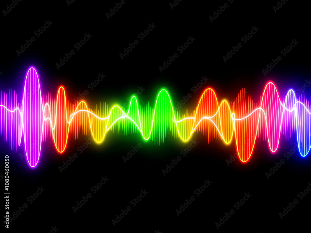 Poster colorful sound wave pattern against a black background representing audio frequencies