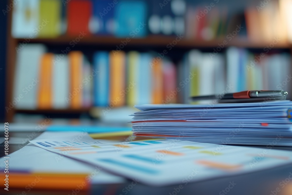 Poster stack of papers on a desk. this image represents the organization and structure of information and r
