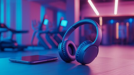 high-tech pair of noise-canceling headphones for sports, placed next to a smartphone showing a fitness app