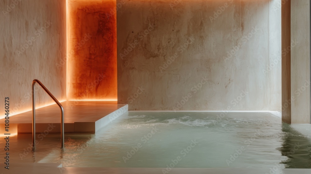 Poster this modern indoor pool features ambient lighting that casts an alluring glow on textured walls, cre
