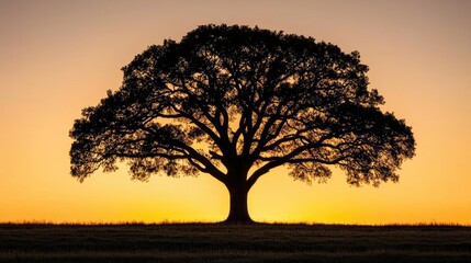 Obraz premium Silhouette of a majestic tree against a vibrant sunset background.