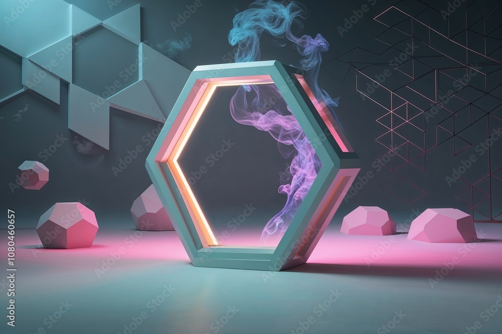 Poster creative 3d hexagonal structure in soft vapor environment with colorful glow and unique geometric ba