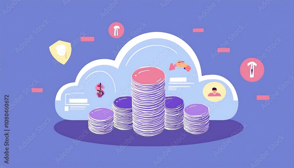 Aufkleber stack of coins symbolizing growing expenses in cloud computing, the background features subtle cloud