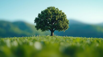 Fototapeta premium Green tree on a field with mountains in the background, dreamy outdoor scene.