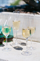 Champagne flutes and colorful tumblers set outdoors, capturing a refreshing and stylish atmosphere perfect for a summer celebration or social event