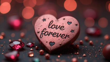 Romantic heart-shaped love decoration with gemstones on glittering background