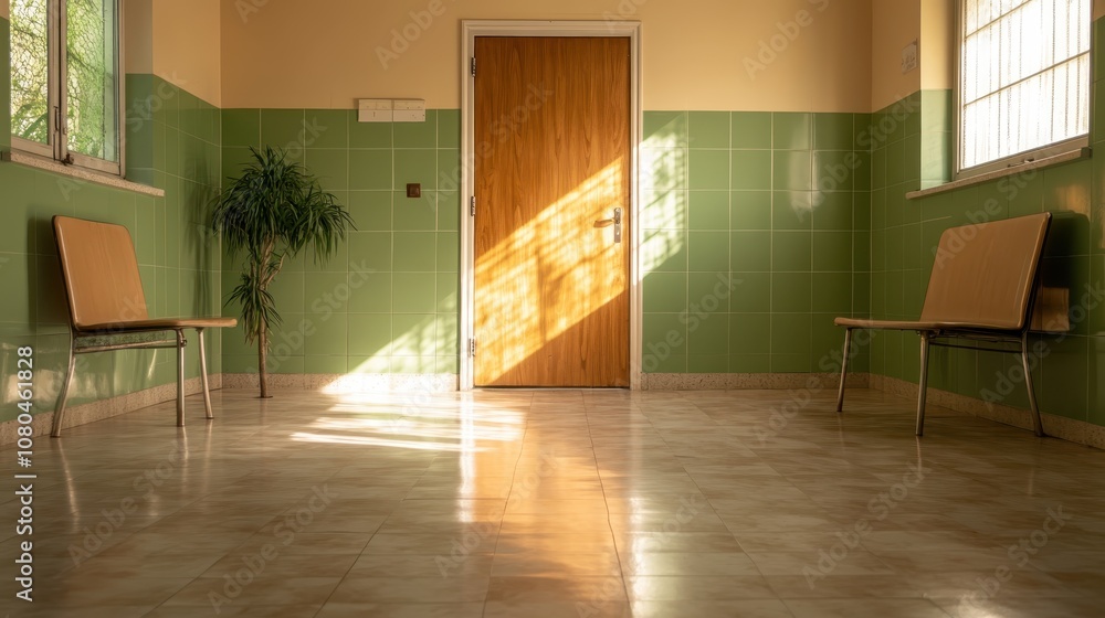 Poster an empty corridor with lime green tiles, sunlight streaming through the windows, creating a peaceful