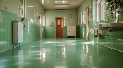 Obraz premium A long hospital hallway with shiny green tiles and a closed wooden door at the end, bathed in soft light, creating a serene and orderly atmosphere.