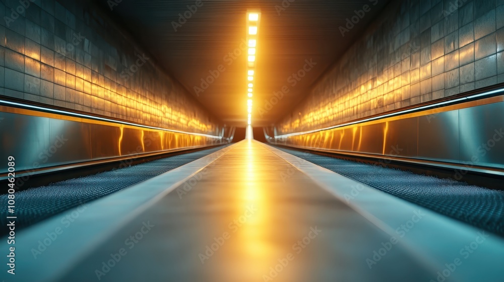Poster a long, seemingly endless hallway with dark metallic walls and a ceiling lined with futuristic light