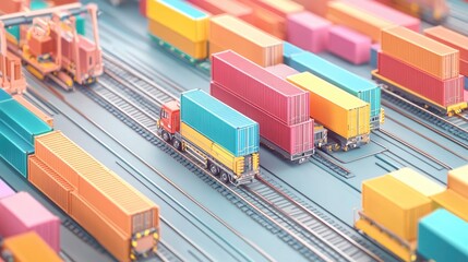 Cargo transport in import-export logistics flat design top view navigation theme 3D render colored pastel