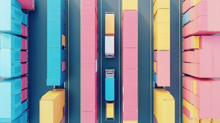 Fototapeta premium Cargo transport in import-export logistics flat design top view navigation theme 3D render colored pastel