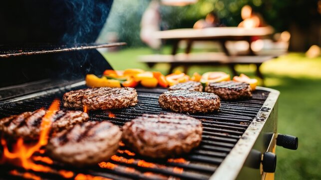 A backyard barbecue featuring friends grilling burgers, with all the fixings laid out on a picnic table for a fun meal.