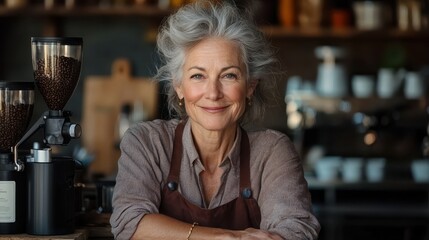 A barista woman with a gentle smile leans on the counter in a relaxed manner, surrounded by coffee essentials, creating a comforting and inviting atmosphere.