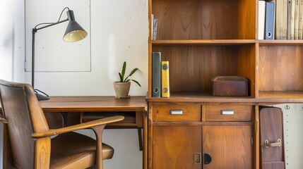 Cozy home office, Bookshelf with books, wooden writing desk adorned with family photographs and plants