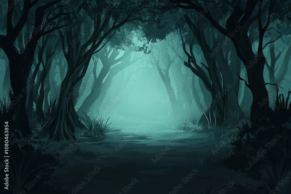 Poster a dark forest with a path through it. the trees are tall and the sky is cloudy. scene is eerie and m