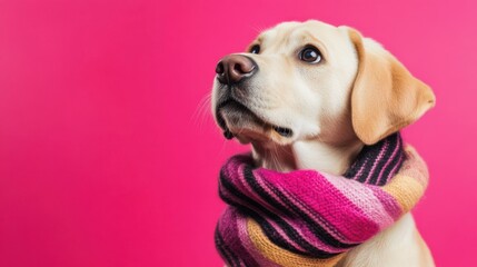 A sweet Labrador puppy wearing a striped scarf looks up excitedly, tail wagging, ready for a stroll, set against a vibrant pink backdrop with room for text.