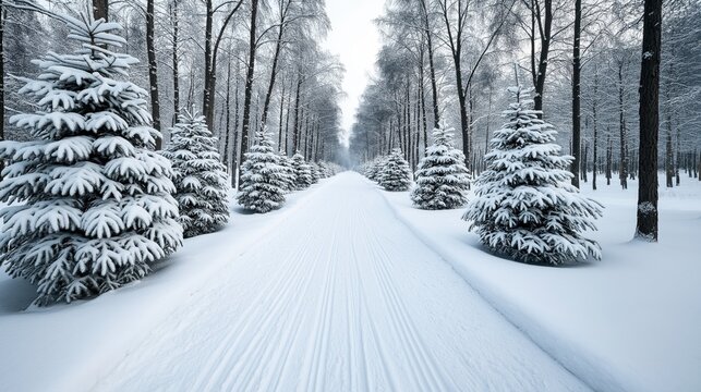Snow-covered forest path flanked by tall trees and coniferous evergreens, creating a serene winter landscape with fresh snow on the ground and branches.