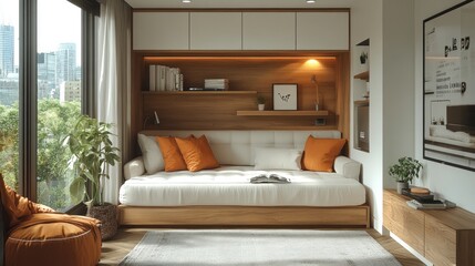 Cozy modern living room with a daybed and warm decor.