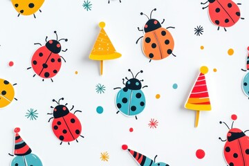 Brightly colored ladybugs and festive party hats on a playful patterned background for a cheerful celebration