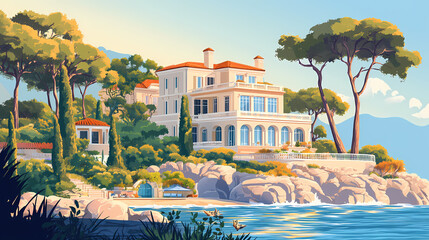 Ai generated illustration of a luxurious mansion by the sea with trees. Opulent. Illustration