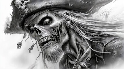 Fototapeta premium Haunting illustration of an undead pirate skull with a sinister expression, embodying horror, fantasy, and dark pirate mythology, Generative AI