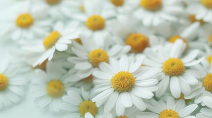 Obraz premium Organic chamomile essential oil.A close-up view of white daisies with bright yellow centers, creating a vibrant and natural floral scene.