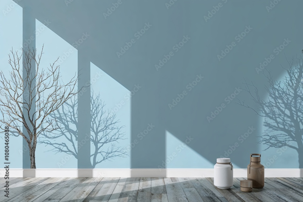 Aufkleber minimalist light blue abstract background with detailed tree branch shadows for product display