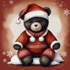 Watercolor Christmas illustration of a Teddy bear dressed as Santa Claus sitting on a snow bank against a snowy red background. Xmas New Year holiday celebration vintage post card artwork.