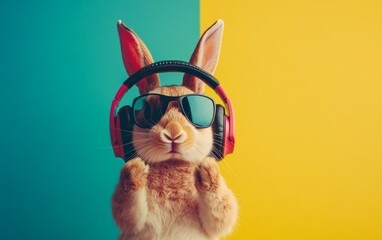 A rabbit wearing sunglasses and headphones is posing for a photo