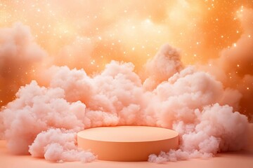An Apricot Crush podium with soft clouds in warm orange and gold, set in a pastel galaxy of pinks and yellows, apricot podium, stars