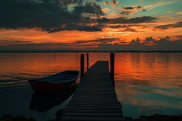 Fototapeta premium A wooden pier stretches out to a small boat, set against a breathtaking sunset on a tranquil lake.