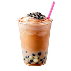 A plastic glass filled with creamy pink bubble milk tea, topped with frothy bubbles and tapioca pearls, and a bright pink plastic straw, all set against a clean white background