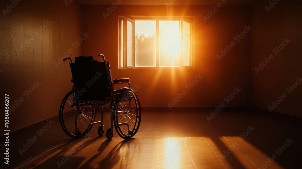 Poster An empty wheelchair is illuminated by a soft stream of golden sunlight entering through a window, creating an atmosphere of solitude and reflection.