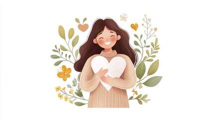 A cheerful illustration of a woman holding a heart, surrounded by flowers and leaves, symbolizing love and nature's beauty.