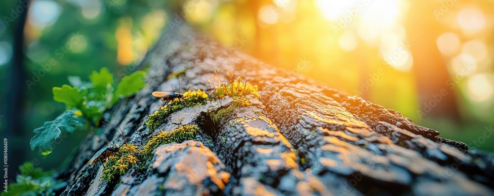 Poster close-up of a mossy tree trunk with sunlight filtering through the forest.