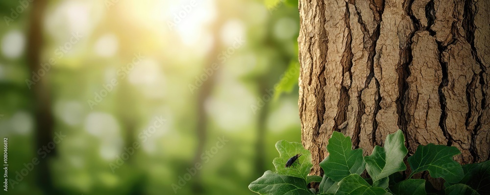 Poster close-up of tree trunk with sunlight filtering through leaves, creating a serene atmosphere.