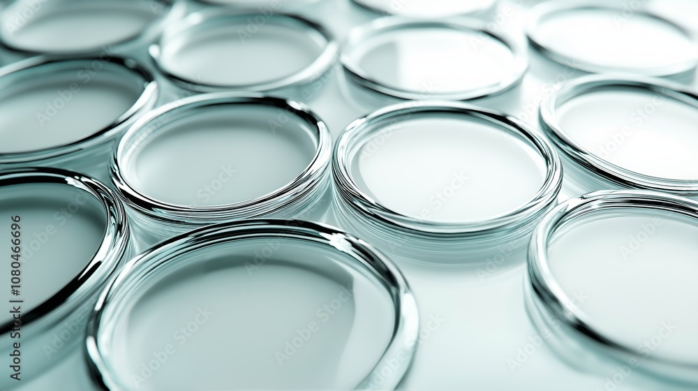 Poster Close-up of abstract circular glass rings arranged in a minimalist design, showcasing clarity, symmetry, and modern elegance in a seamless pattern, Generative AI