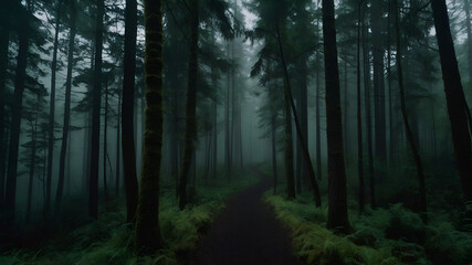 Fototapeta premium An Enchanting Dark Green Forest with Towering, Ancient Trees and a Narrow Pathway Winding Through 