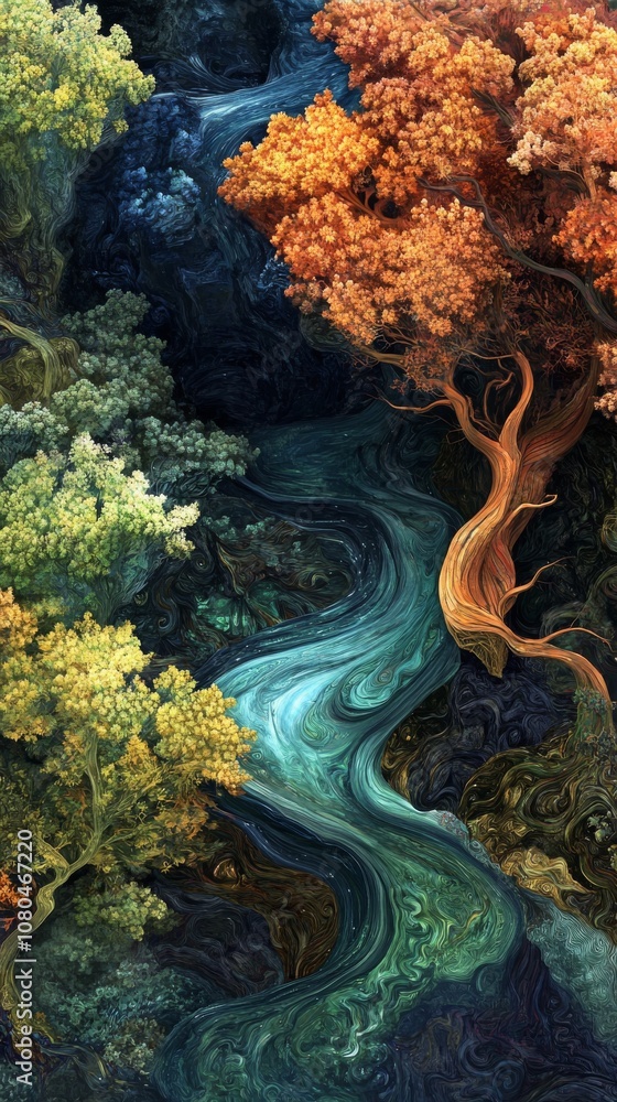 Poster a painting of a river with trees on either side. the trees on the left are green and yellow, while t