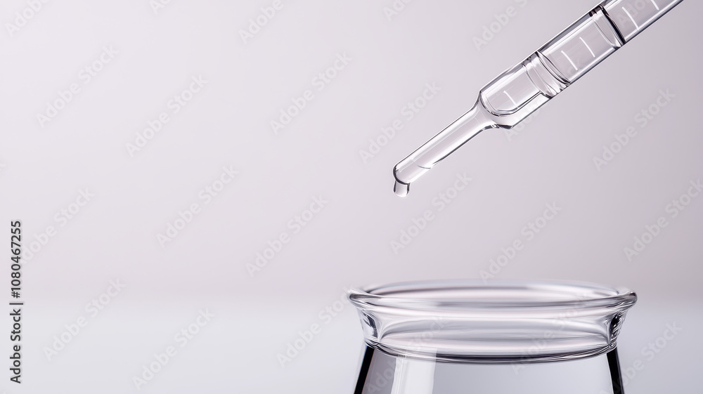 Aufkleber droplet from pipette falling into glass container, symbolizing precision in laboratory experiments. 