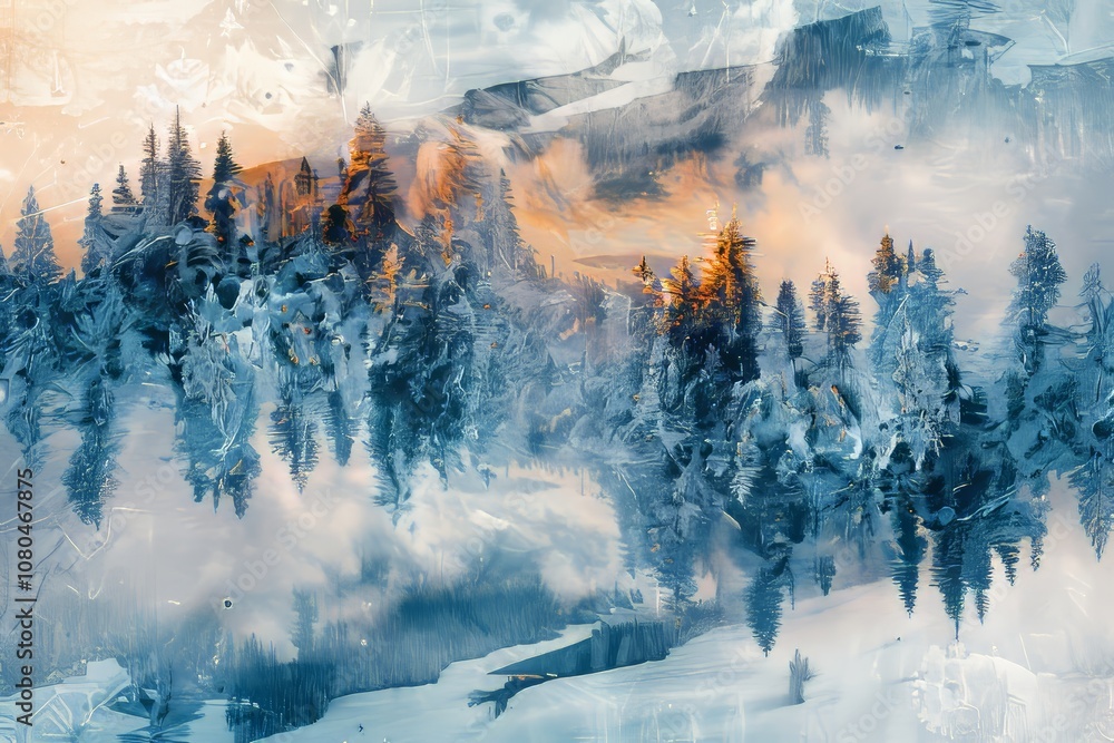 Poster a painting of a snowy mountain with trees and a river. the trees are in the foreground and the river