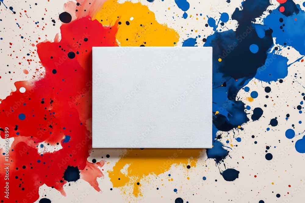 Aufkleber blank canvas surrounded by vibrant splashes of red, blue, and yellow paint, symbolizing creativity, 