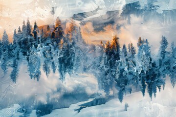 A painting of a snowy mountain with trees and a river. The trees are in the foreground and the river is in the background