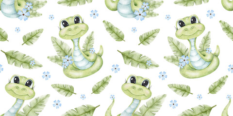 Cute green snakes, blue flowers and palm leaves. Watercolor nursery seamless surface pattern design. Cute baby background. Design for clothes, textile, scrapbooking, linen